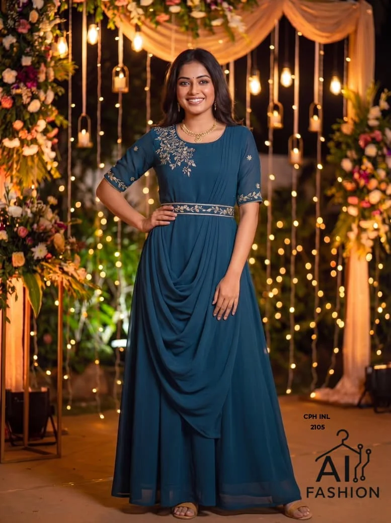 Teal Blue Embroidered Anarkali Kurti Set – Teal Blue & Gold